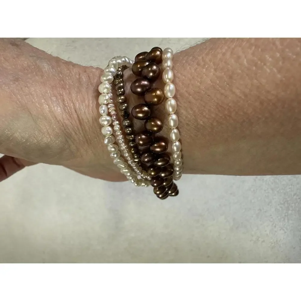 Multi Strand Freshwater Pearl Bracelet Sterling Toggle Brown Ivory